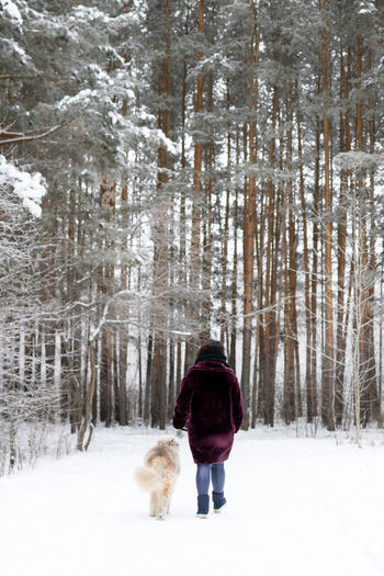 Young woman is walking with her south russian shepherd dog on a background of winter forest.