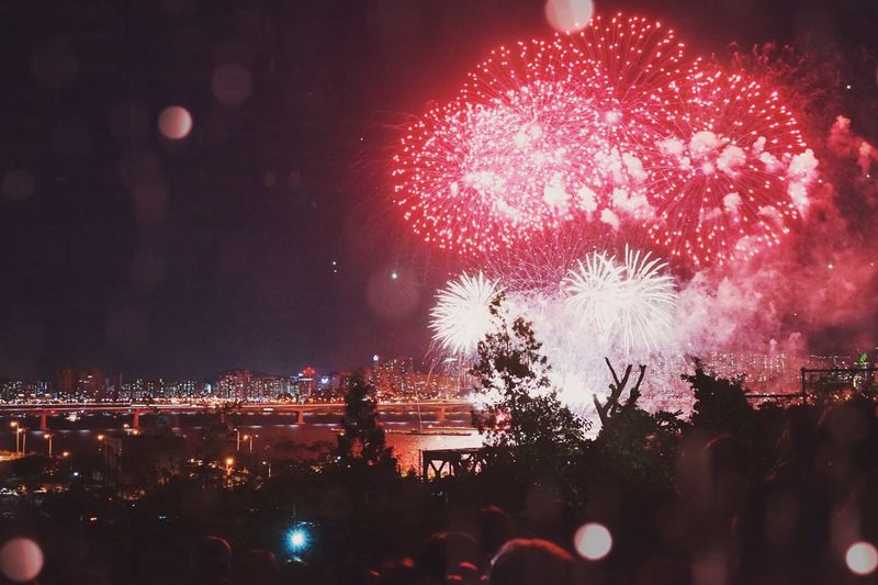 Firework display at night
