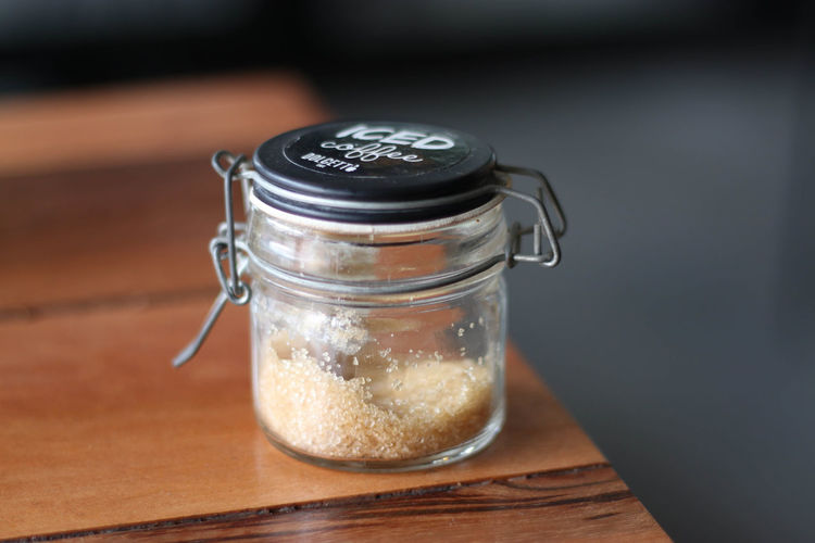 Close-up of drink in jar on table