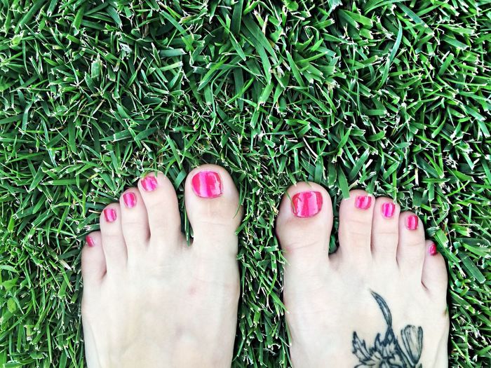 Low section of woman feet on grass