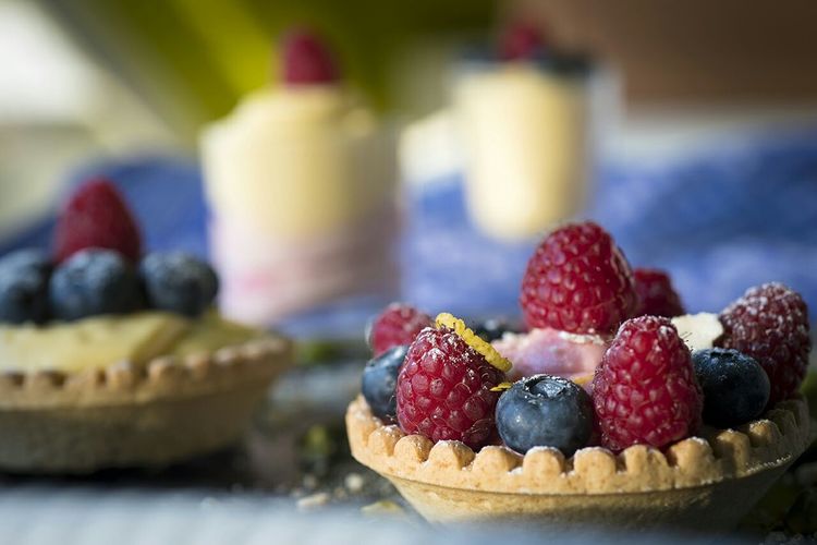 Close-up of fruit tarts on table
