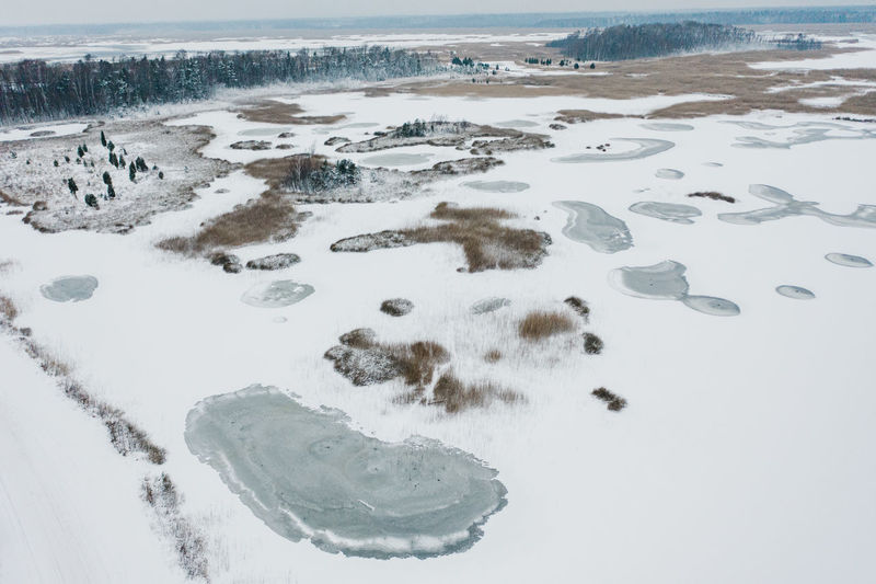 Aerial view of frozen lake during winter