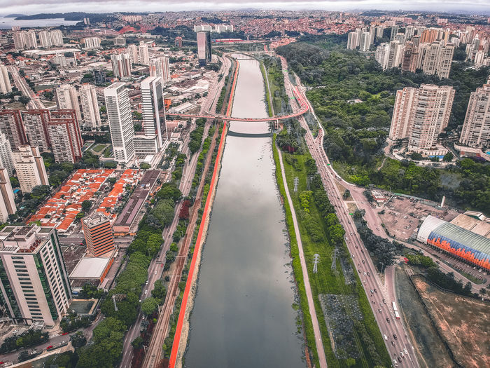 High angle view of canal in cityscape