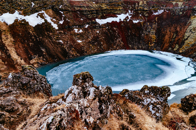 High angle view of crater during winter