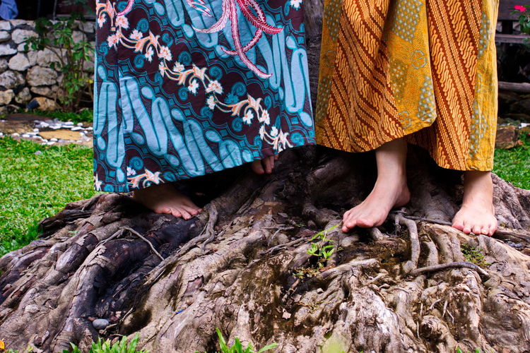 Low section of two  woman standing pose with batik textile from indonesia on tree root
