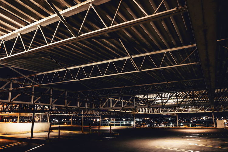 Interior of parking garage at night