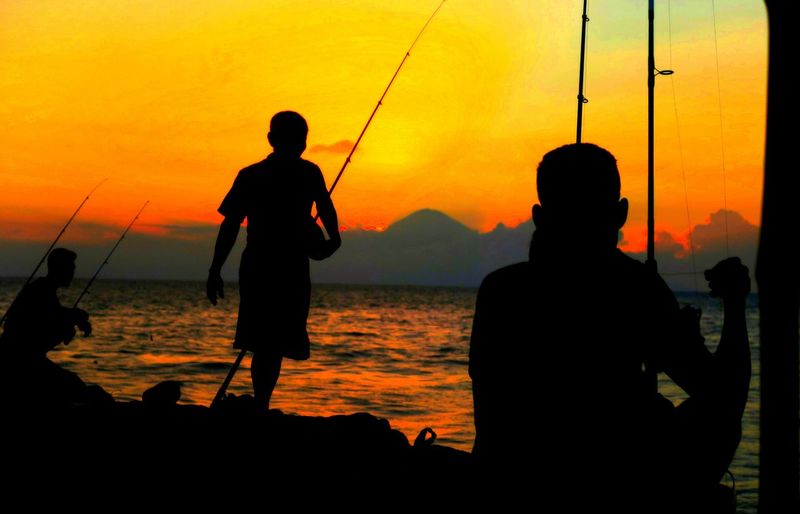 Rear view of silhouette people fishing by sea against sky during sunset