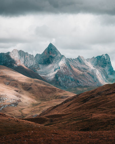 Scenic view of mountains against cloudy sky