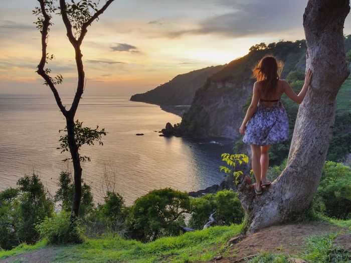 Rear view of woman standing on tree trunk while looking at sea against sky during sunset