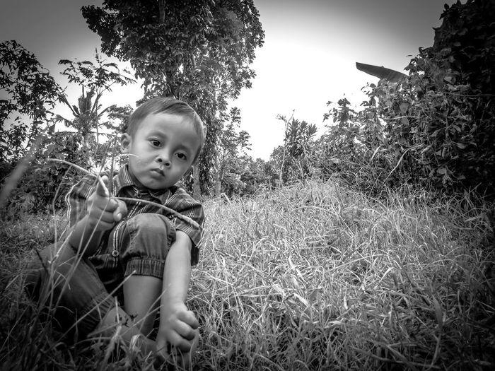 Portrait of cute girl sitting on field