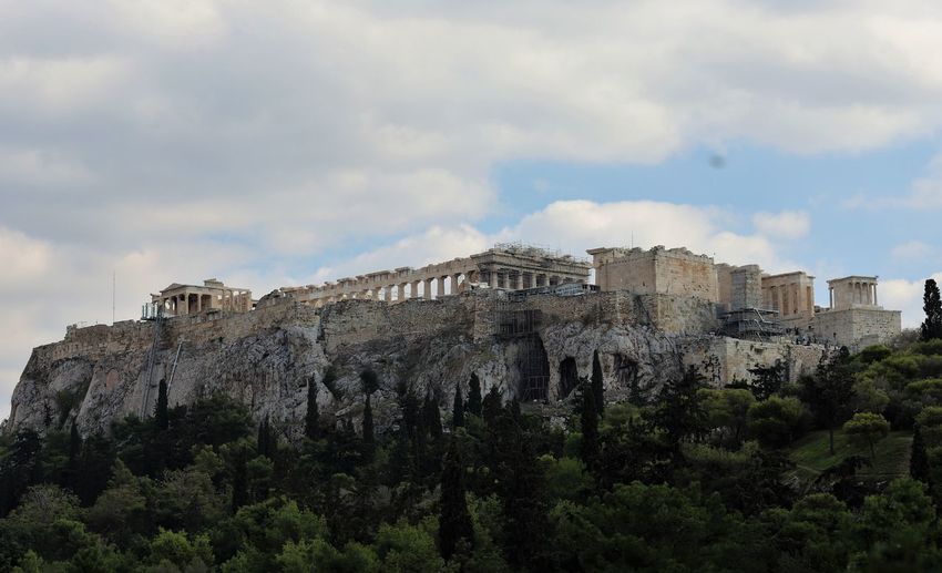 Acropolis in athens. full frame view showing the reconstruction of the ruins taking shape.
