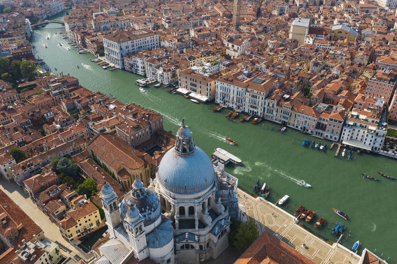 Italy, veneto, venice, aerial view of grand canal and santa maria della salute basilica