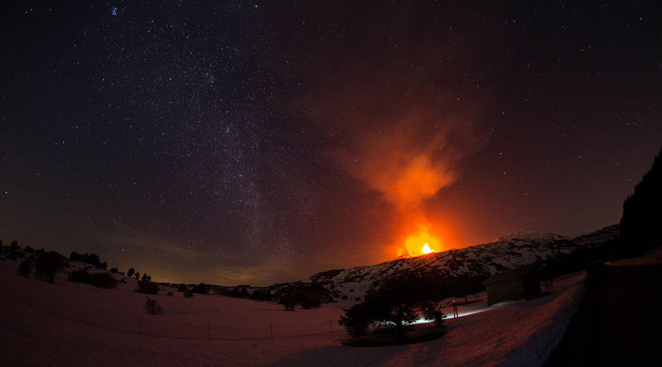 Etna eruption in the night with milky way in background