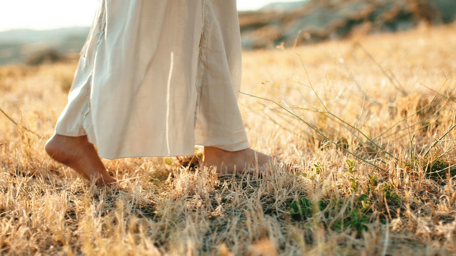 Feet of girl walks in a yellow field in the countryside