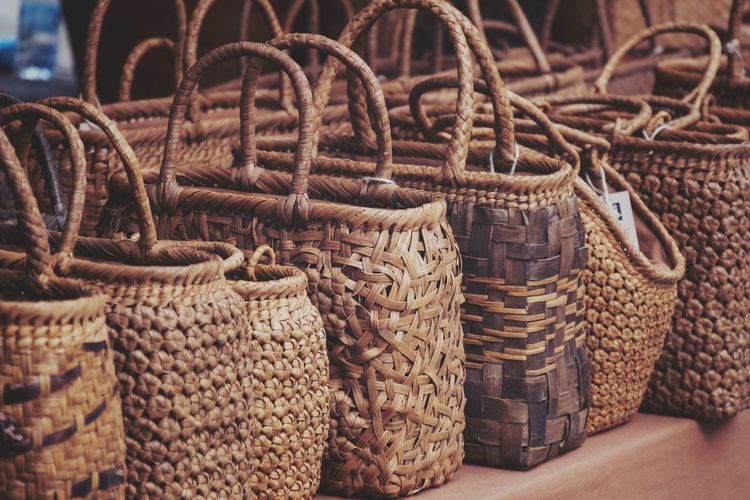 Close-up of wicker basket for sale in market