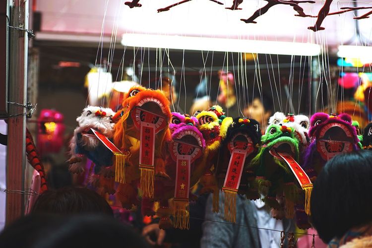 Chinese decorations hanging at street market stall