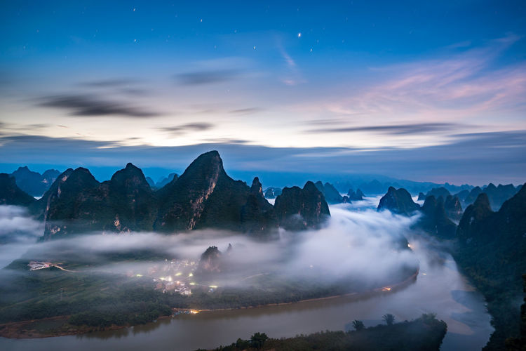 Panoramic view of sea against cloudy sky during sunset
