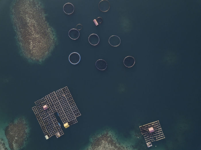 Aerial view of fishing farm enclosures