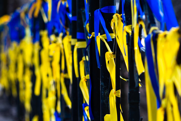 Close-up of colorful ribbons hanging for sale