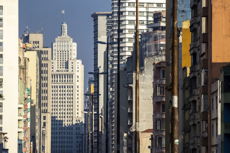 Row of residential and office buildings seen in perspective in downtown sao paulo, brazil