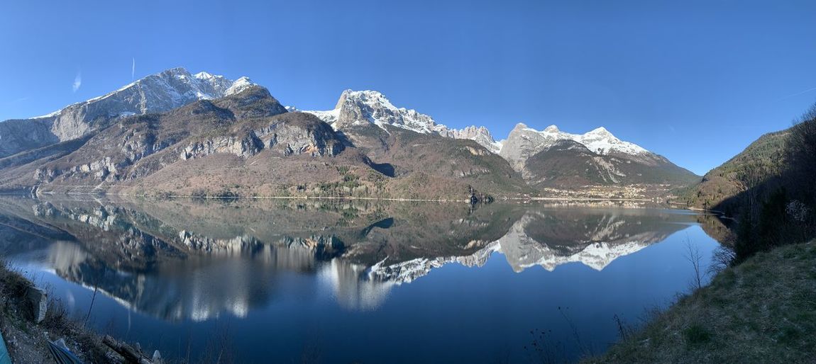 Panoramic view of lake and snowcapped mountains against sky