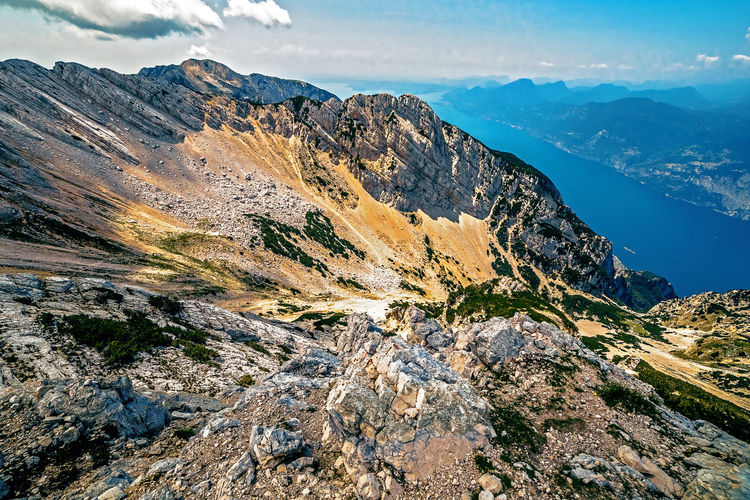 Aerial panorama on garda lake from monte baldo, trentino, italy