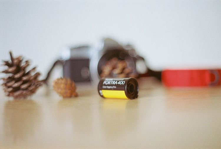 Close-up of camera film and pine cones on table