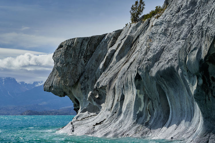 Marbel caves, general carrera lake, or lake buenos aires. rock in the shape of dog head, chile. 