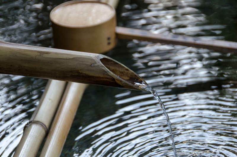High angle view of bamboo dipper water fountain at japanese garden