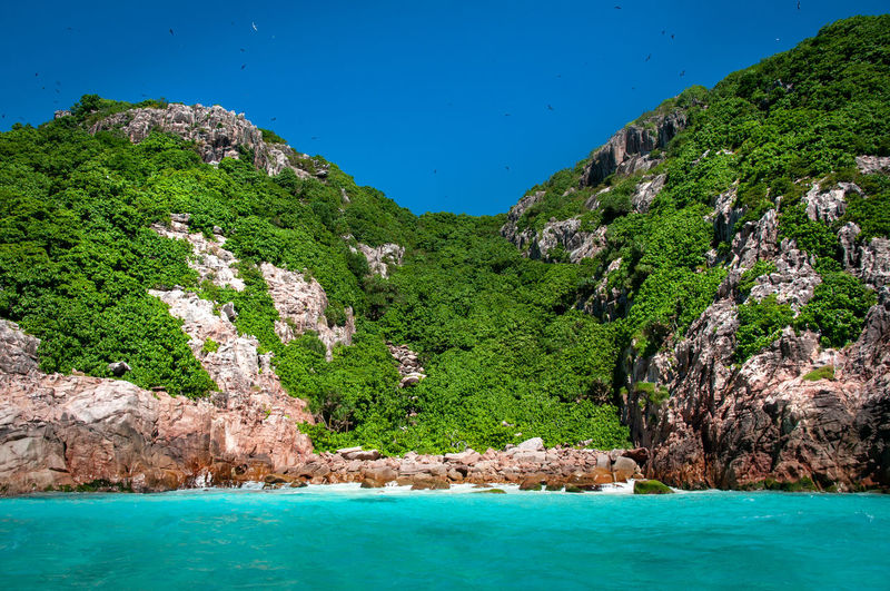 Scenic view of sea against clear blue sky