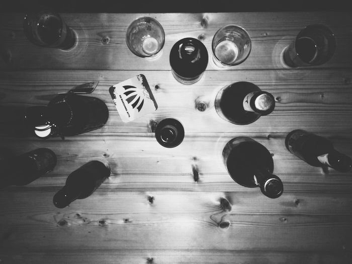Directly above view of beer bottles on table
