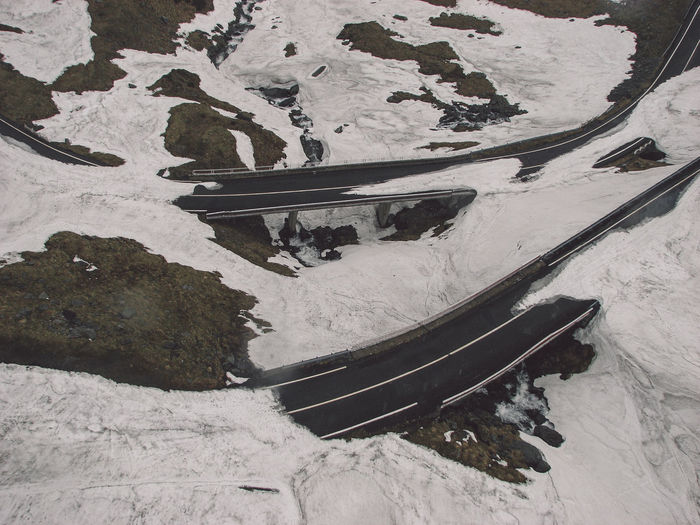 High angle view of snow covered roads