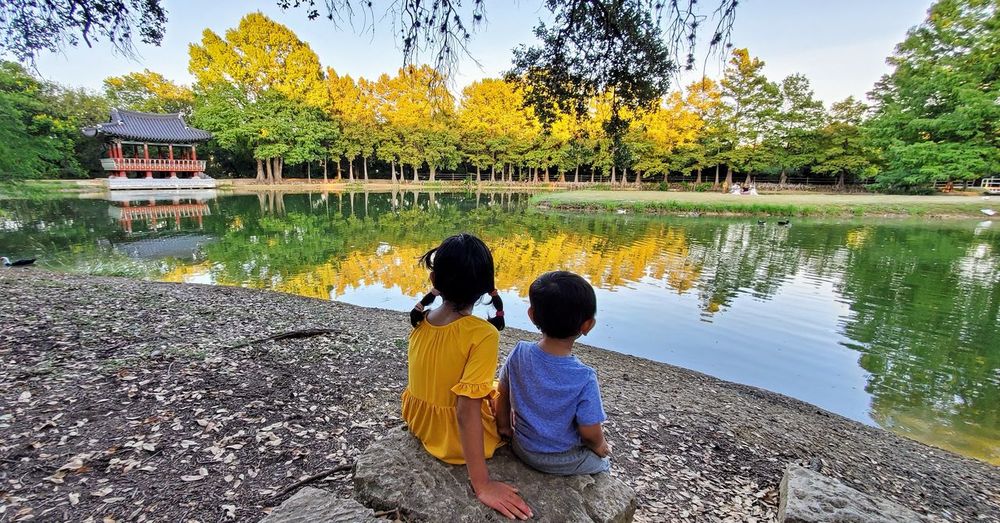 Rear view of children on lake against trees