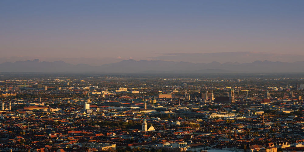 Munich panorama with alps in the evening light