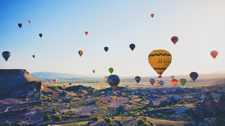 Aerial view of hot air balloons over cappadocia against sky