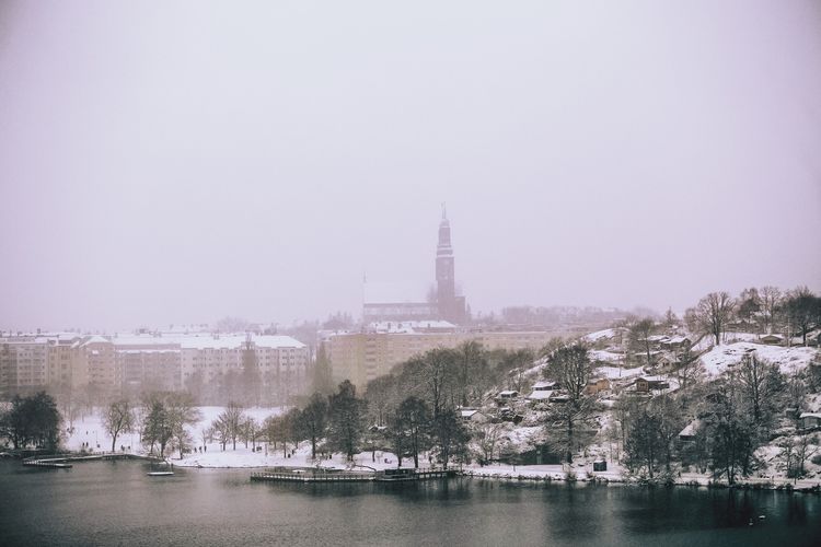 Högalid church on söder. alm islet in stockholm on a snowy day