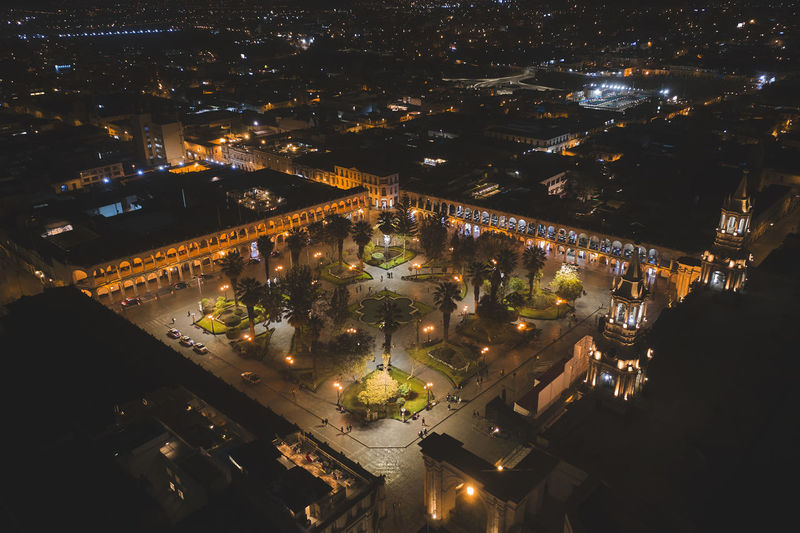 Aerial drone view of arequipa main square and cathedral church at night. arequipa, peru.