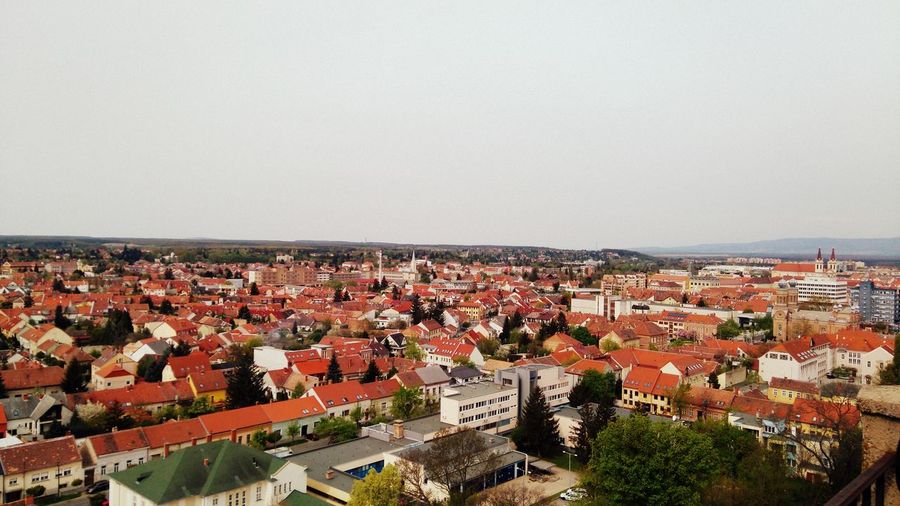 High angle view of cityscape against clear sky