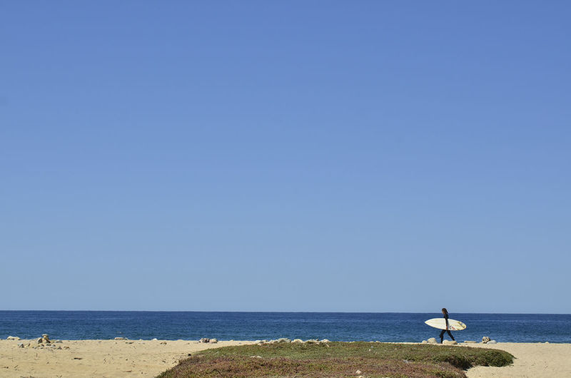 Scenic view of sea against clear blue sky
