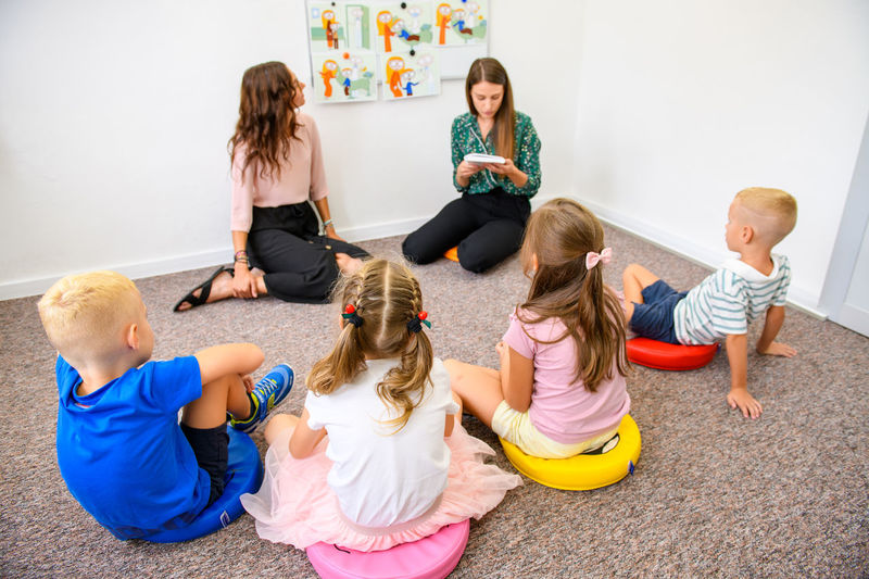 Child occupational therapy background. elementary age children in group therapy. 