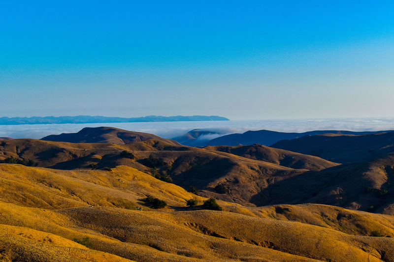 Bright blue sky over marine layer moving inland to coastal mountains and rolling hills in gold color