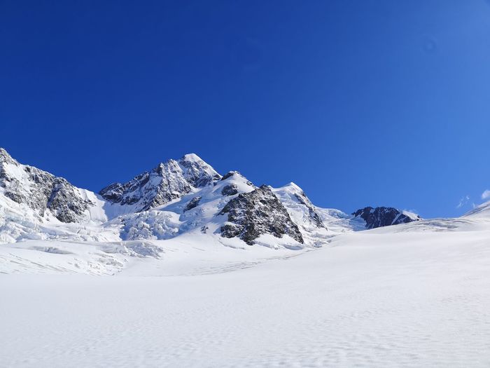Snowcapped mountains against clear blue sky