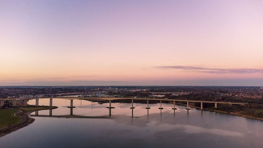 View of the river orwell from a drone at sunset in suffolk, uk