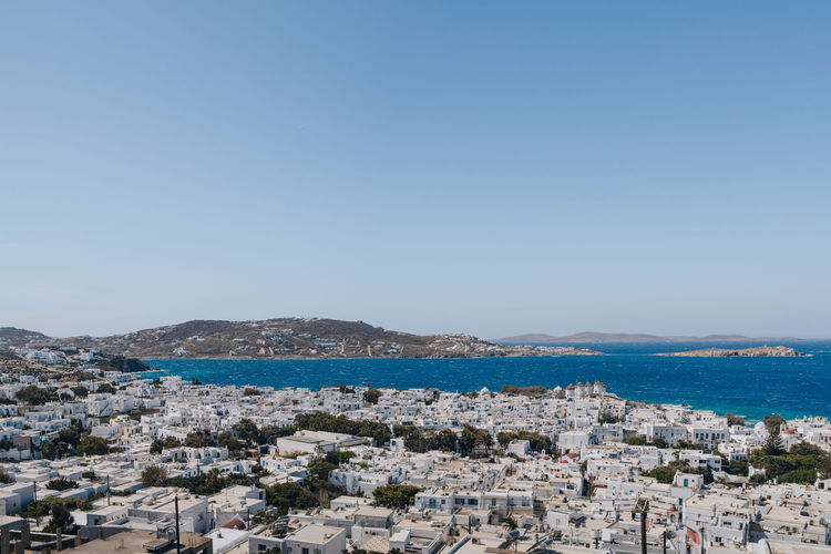 High angle view of mykonos town, mykonos, greece, on a sunny summer day.