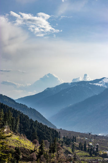 Scenic view of snowcapped mountains against sky