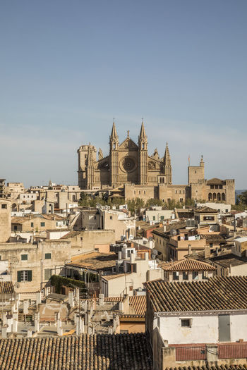 Spain, balearic islands, palma de mallorca, old town houses with palma cathedral in background