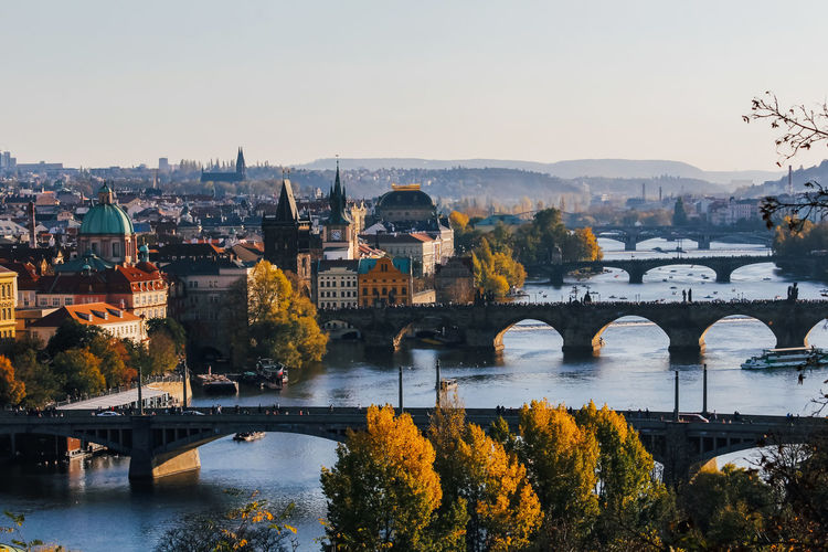 Bridge over river with buildings in background
