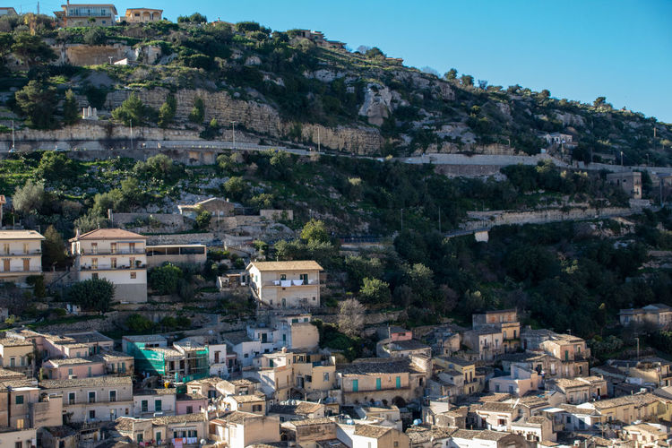 High angle view of modica against sky