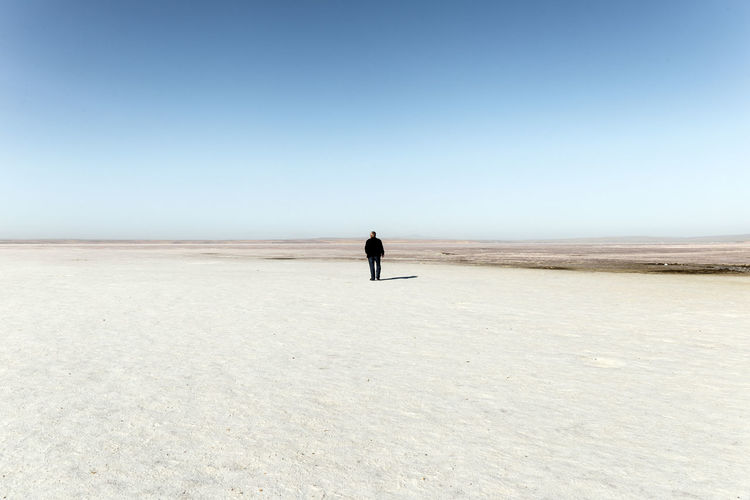 Rear view of man on desert against clear sky