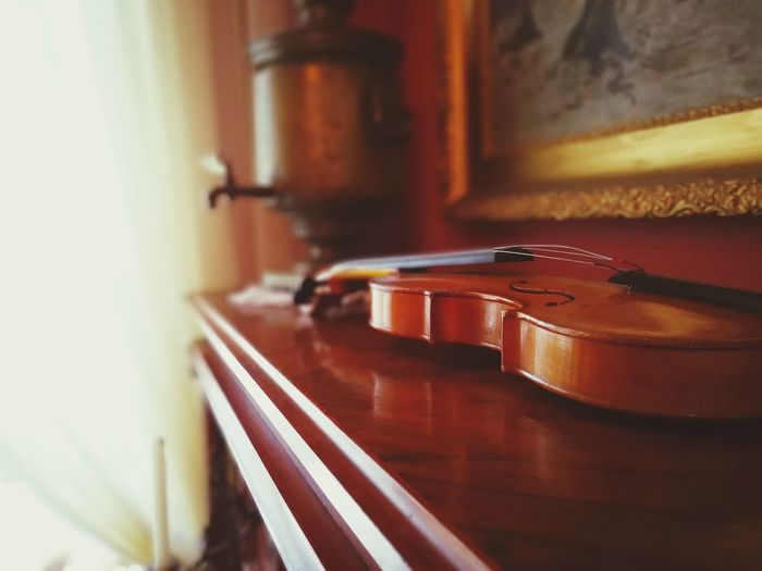 Close up of violin on table